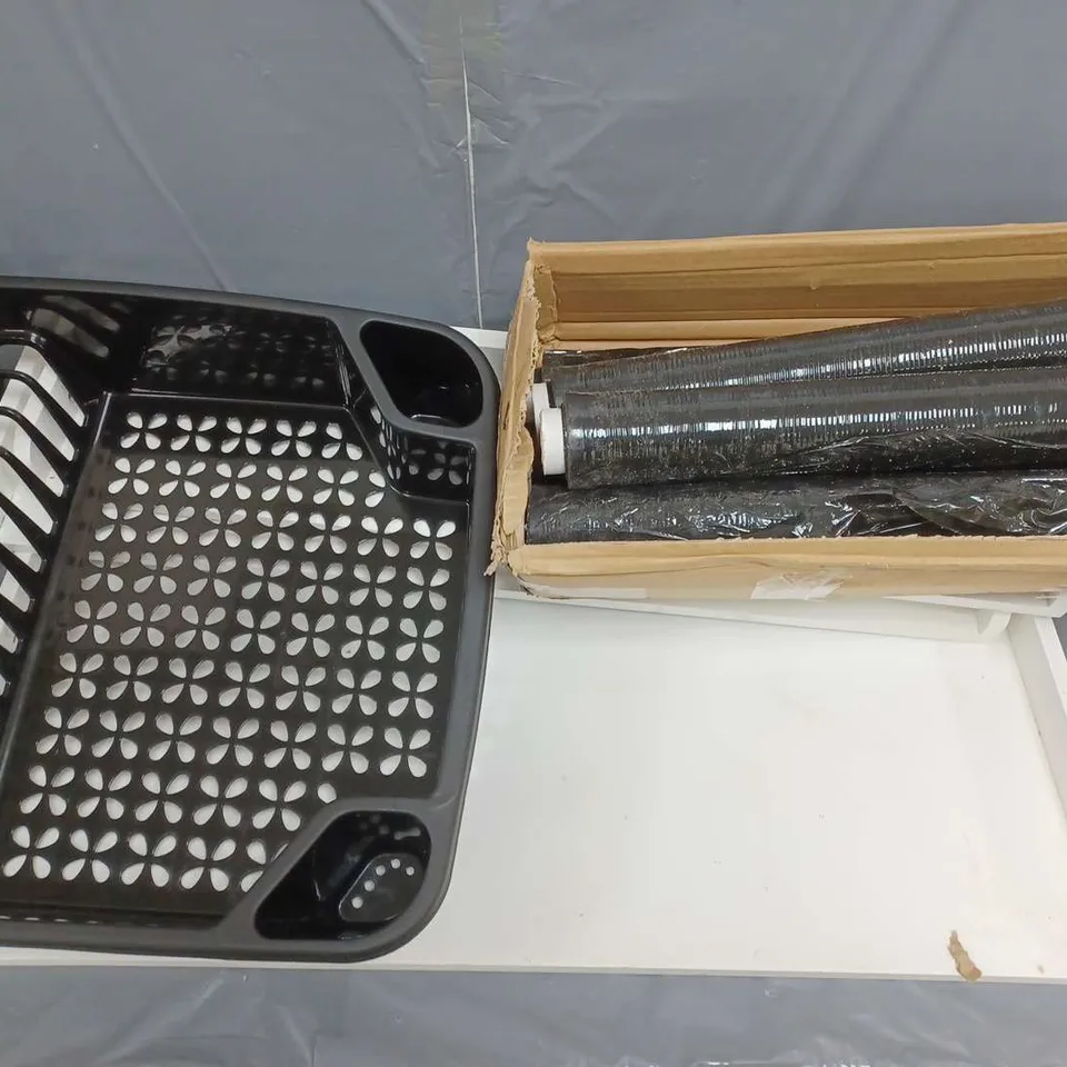 APPROXIMATELY 3 ASSORTED PRODUCTS TO INCLUDE LARGE DISH DRAINER, SHRINK WRAP ROLLS 