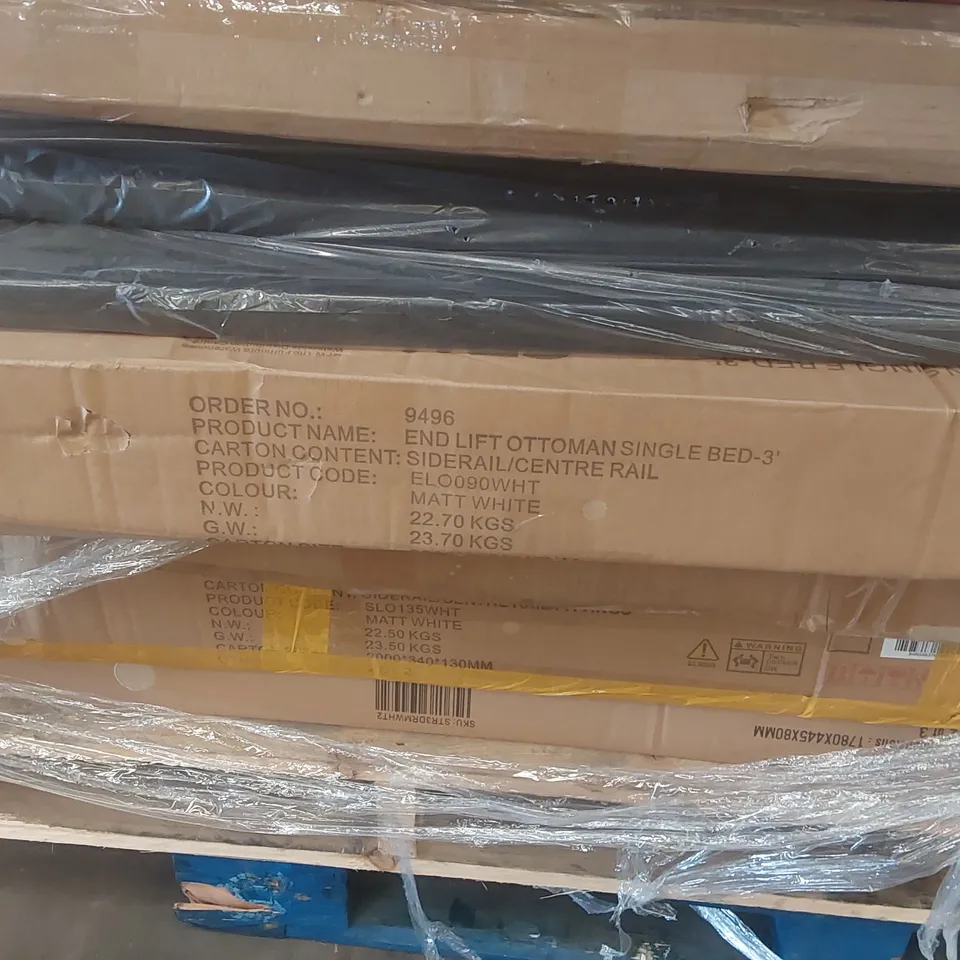 PALLET CONTAINING A VERY LARGE QUANTITY OF ASSORTED FURNITURE PARTS INCLUDING: BED PARTS, WARDROBE PARTS DRESSING TABLE PARTS ECT