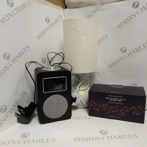 APPROXIMATELY 10 ASSORTED PRODUCTS TO INCLUDE JOHN LEWIS KRISTY TOUCH LAMP, JOHN LEWIS FIRE CRACKER LIGHTS, JOHN LEWIS ARIA II DIGITAL RADIO