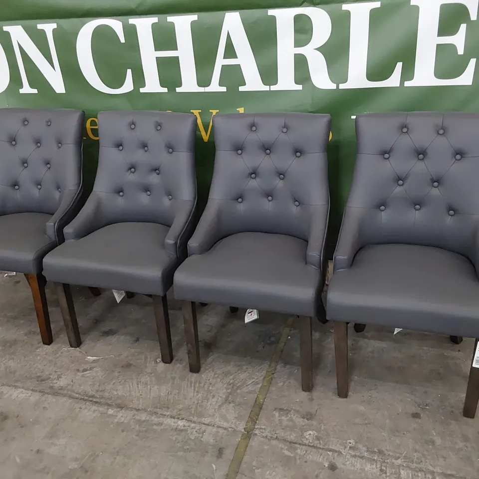 SET OF FOUR UPHOLSTERED BUTTONED BACK DINING CHAIRS GREY PU ON DARK WOOD LEGS 