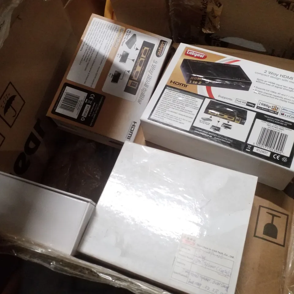 PALLET CONTAINING ASSORTED PRODUCTS INCLUDING BEDSIDE ALARM CLOCKS WITH WIRELESS CHARGING AND NIGHTLIGHT, EXTENSION HOSES & 2 WAY HDMI SPLITTERS