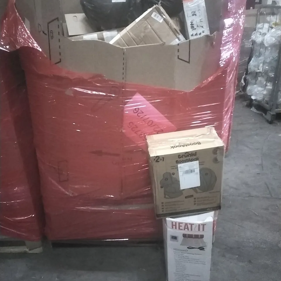 PALLET OF ASSORTED HOUSEHOLD GOODS AND PRODUCTS TO INCLUDE; ELECTRIC FLOOR HEATING SYSTEM, BOOSTAPAK, BOXED FURNITURE ETC