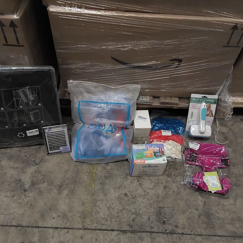 PALLET OF ASSORTED ITEMS INCLUDING: LAUNDRY BASKET, FAKE EYELASHES, ANIME COSTUME, PARTY BALLOONS, PEN HOLDER, CHILDREN TOYS, DOG HARNESS, PET BRUSH