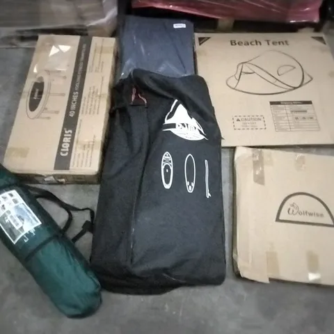 PALLET OF ASSORTED ITEMS INCLUDING WOLFWISE POPUP TENT, BEACH TENT, AUTOMATIC FAST OPEN TENT, CLORIS 40" FOLDING FITNESS TRAMPOLINE, AIR COOLER, DUMAS SUP INFLATABLE BOARD