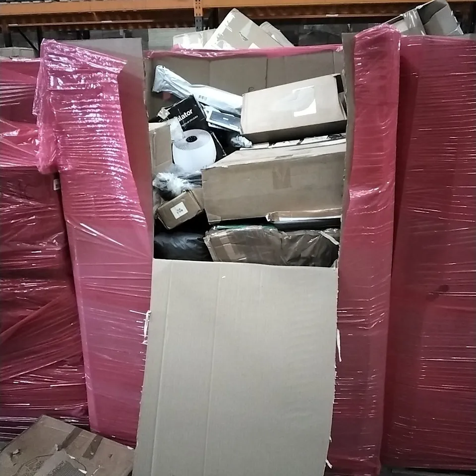 PALLET OF ASSORTED HOUSEHOLD GOODS AND PRODUCTS TO INCLUDE; COFFEE TABLE, LITTER BOX, BABY WALKER ETC