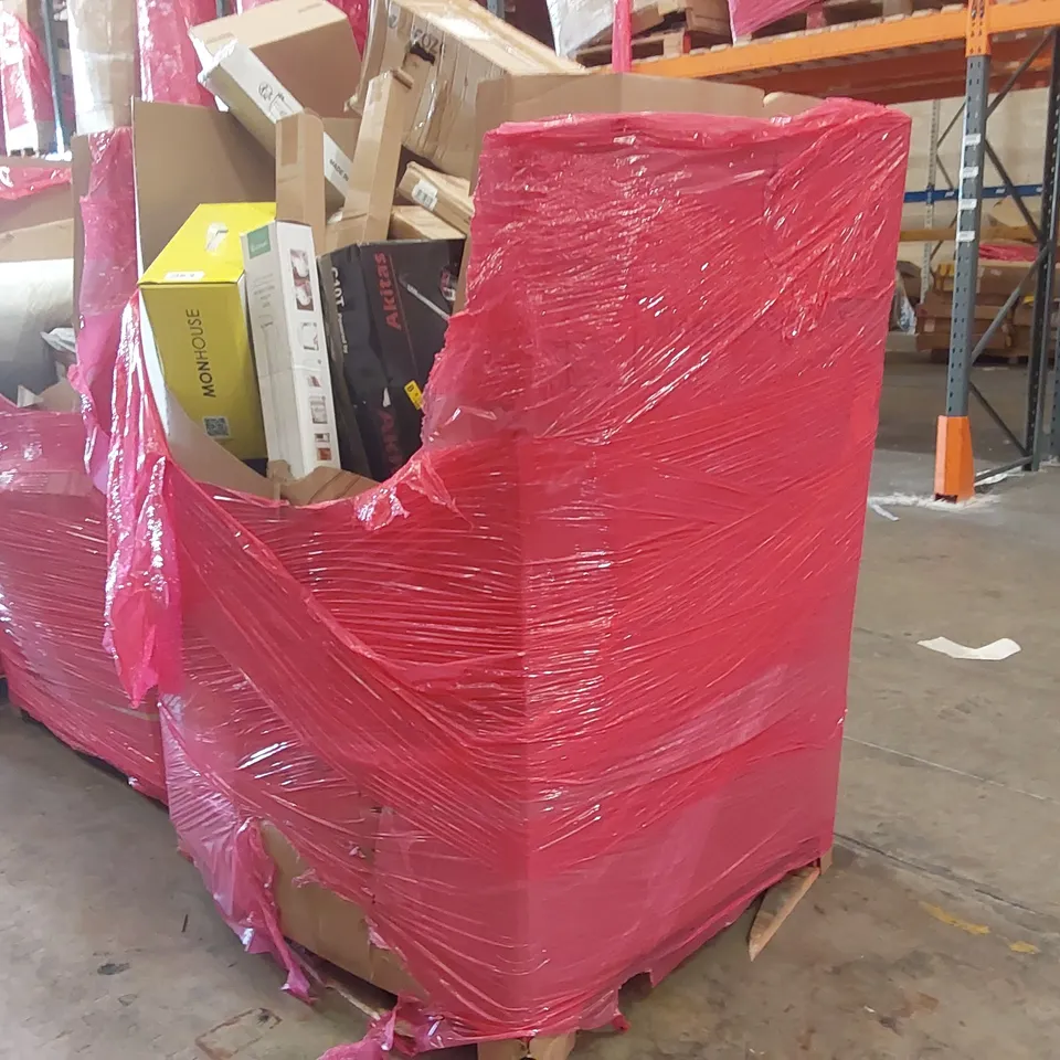 PALLET OF ASSORTED ITEMS INCLUDING: HENRY HOOVER, AKITAS HOOVER, HEATED THROW, ARTIFICIAL PLANT, RETRACTABLE SAFETY GATE, TOILET SEAT ECT