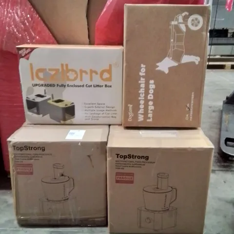 PALLET OF ASSORTED HOUSEHOLD GOODS AND PRODUCTS TO INCLUDE;FULLY ENCLOSED CAT LITTER BOX,MULTIFUNCTIONAL FOOD PROCESSORS,WHEELCHAIR FOR DOGS