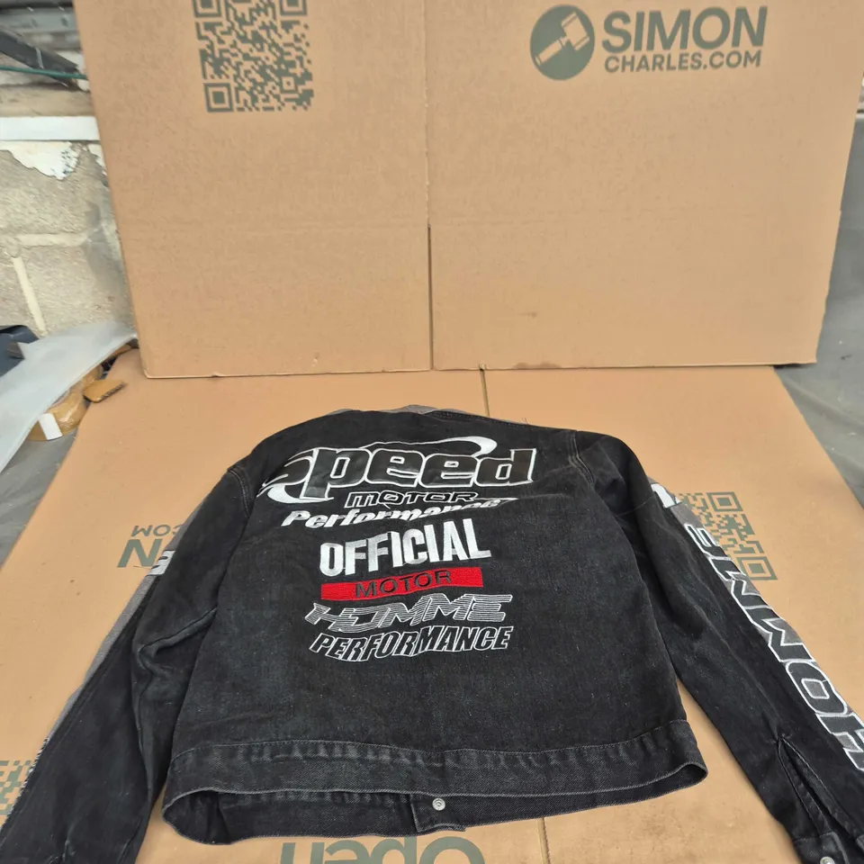 BOOHOO MAN DENIM MOTORCYCLE JACKET – UK SIZE XS – SPEED MOTOR OFFICIAL BRANDING
