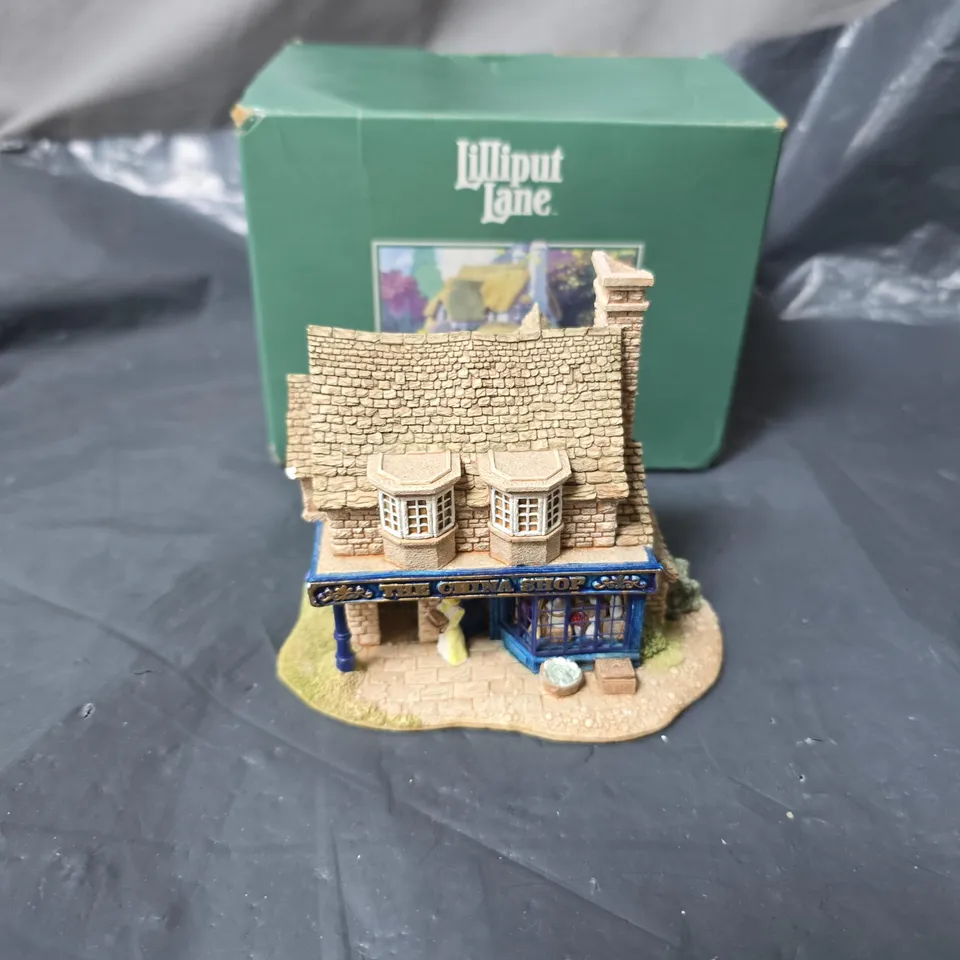 BOXED LILLIPUT LANE MINIATURE VILLAGE HOUSE WITH BLUE SHOP FRONTAGE – STONE COTTAGE 