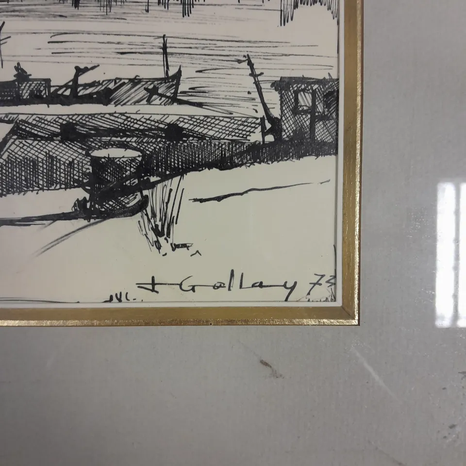 FRAMED J. GALLAY PEN AND INK HARBOUR SCENE