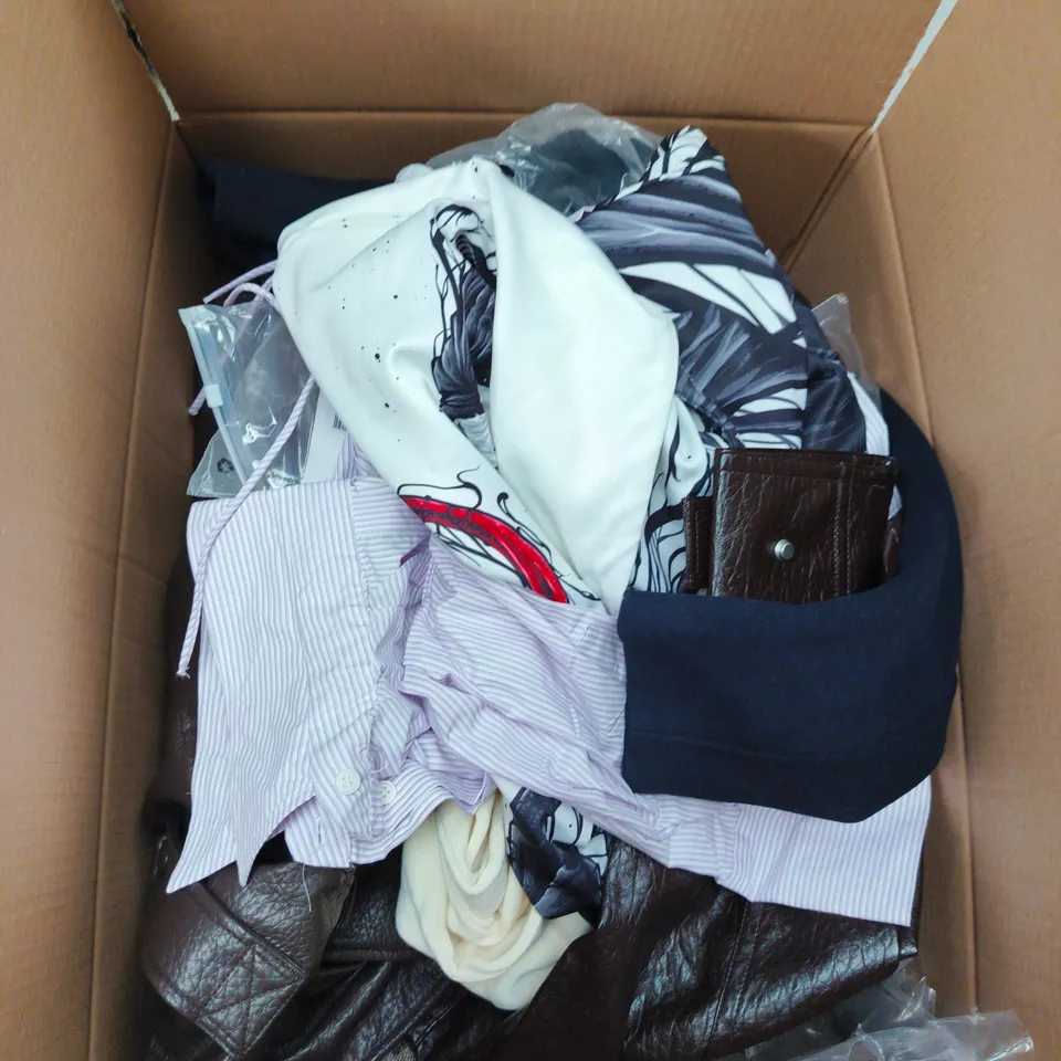 LARGE BOX OF APPROXIMATELY 25 ASSORTED CLOTHING ITEMS IN VARIOUS COLOURS, STYLES AND SIZES - COLLECTION ONLY