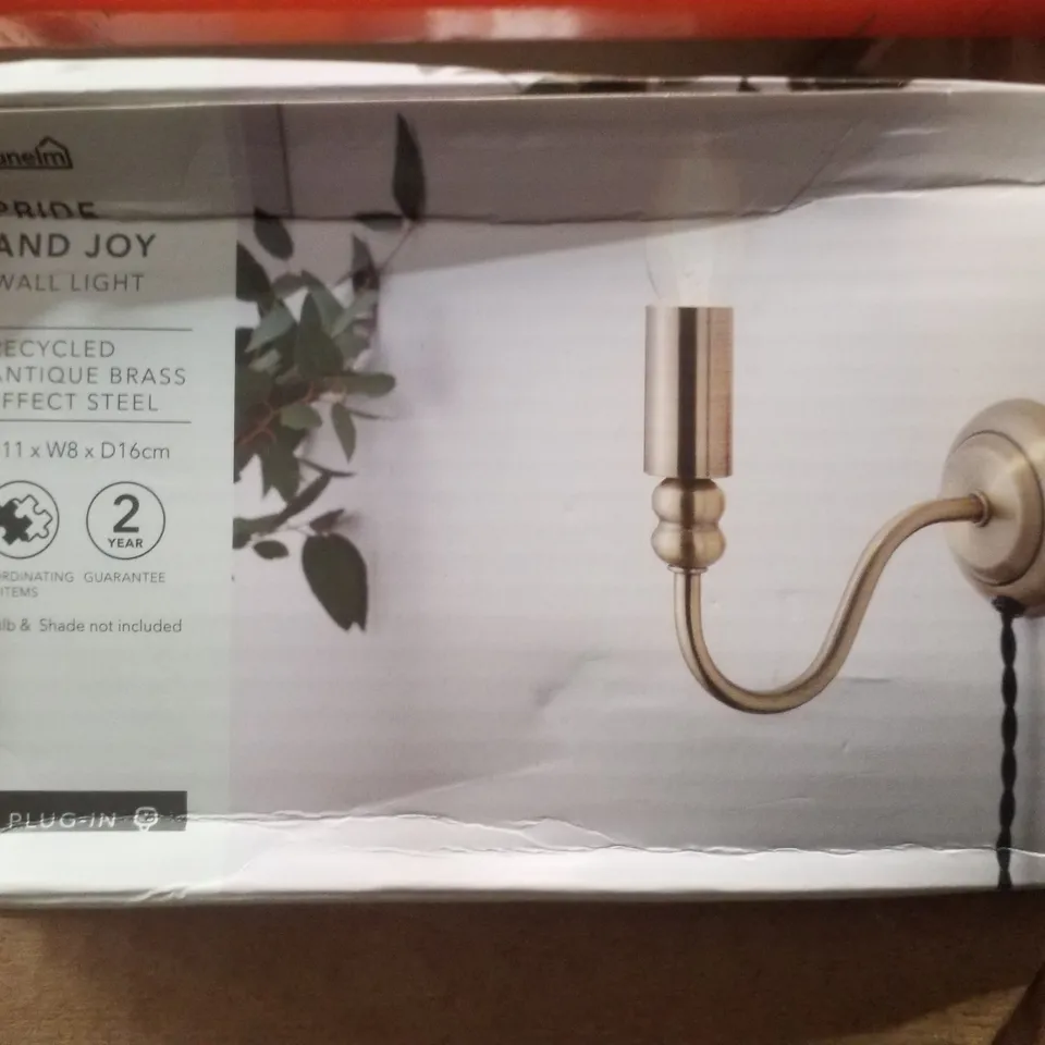 BOXED DUNELM PRIDE AND JOY PLUG IN WALL LIGHT - RECYCLED ANTIQUE BRASS