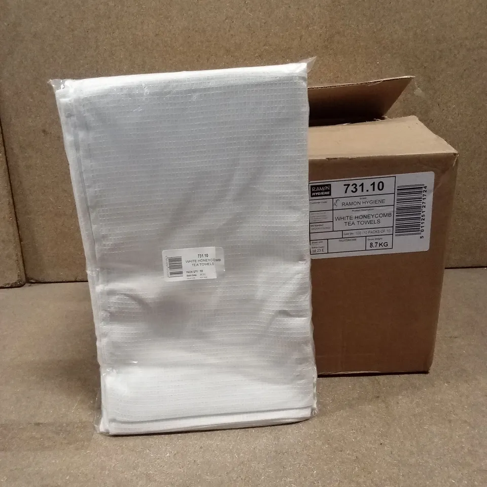 BOX OF APPROXIMATELY 100 RAMON HYGIENE WHITE HONEYCOMB TEA TOWELS 