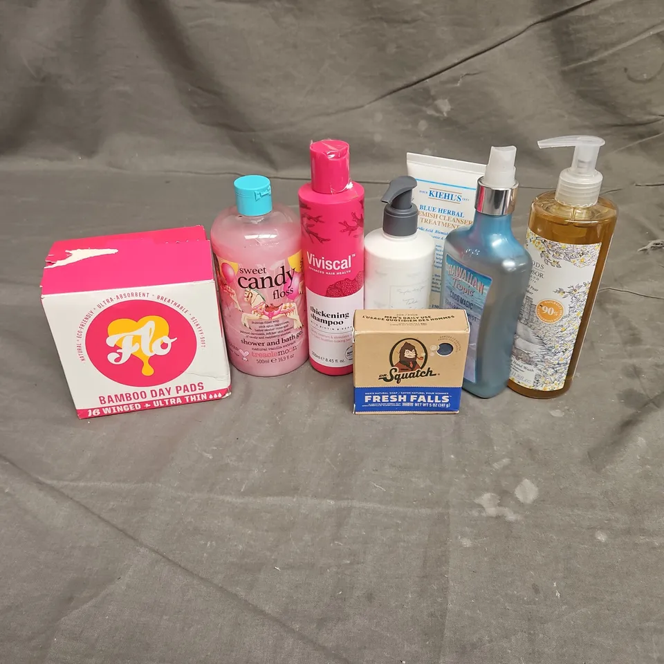 APPROXIMATEY 20 HEALTH AND BEAUTY PRODUCTS TO INCLUDE - KIEHL'SBLUE HERBAL BLEMISH CLEANSER - HAWAIIAN TROPIC FRAGRANCE MIST - DR SQUATCH SOAP - VIVISCAL THICKENING SHAMPOO - ETC