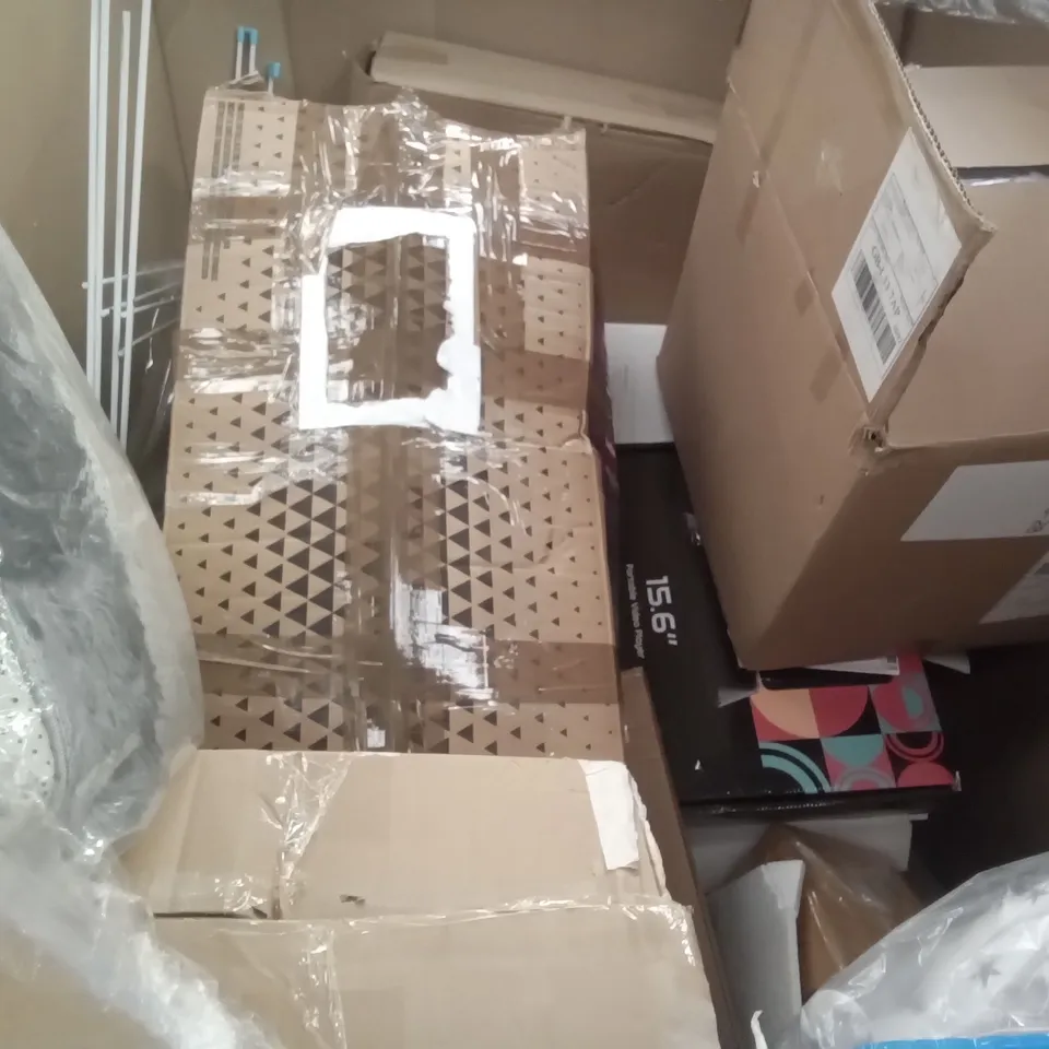 PALLET OF ASSORTED ITEMS INCLUDING MASTHOME SPIN MOP, PORTABLE WARDROBE, MONITOR STAND, COREDY ROBOT VACUUM CLEANER, 15.6" PORTABLE VIDEO PLAYER, FORGING MOUNT TV WALL MOUNT 