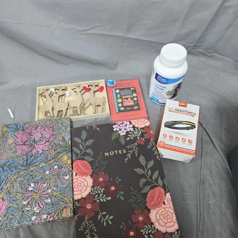 APPROXIMATELY 20 ASSORTED HOUSEHOLD ITEMS TO INCLUDE CHRISTMAS DECOR, NOTEBOOK, LED HEAD TORCH ETC 