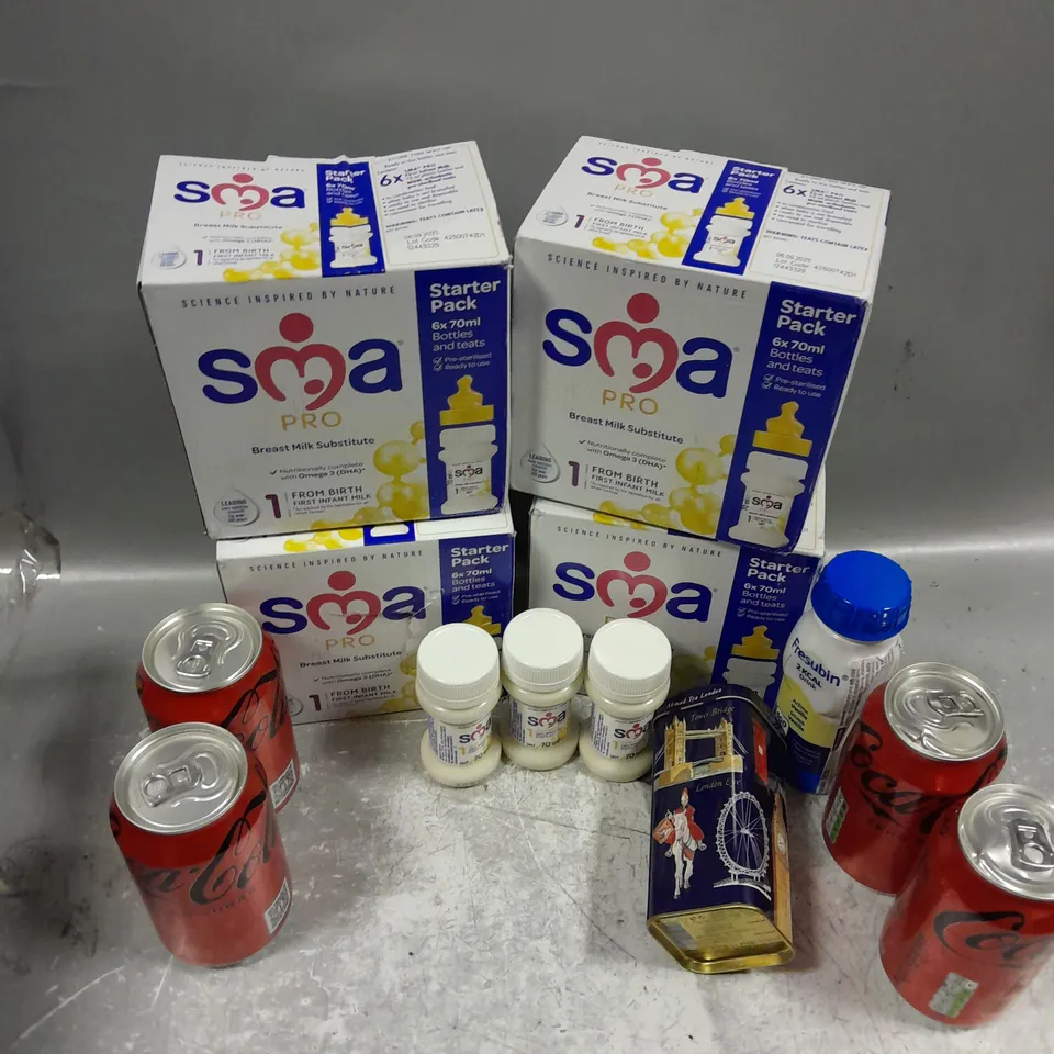 APPROXIMATELY 15 ASSORTED FOOD & DRINK ITEMS TO INCLUDE COCA COLA ZERO SUGAR, SMA PRO BREAST MILK SUBSTITUTE, FRESUBIN VANILLA, ETC