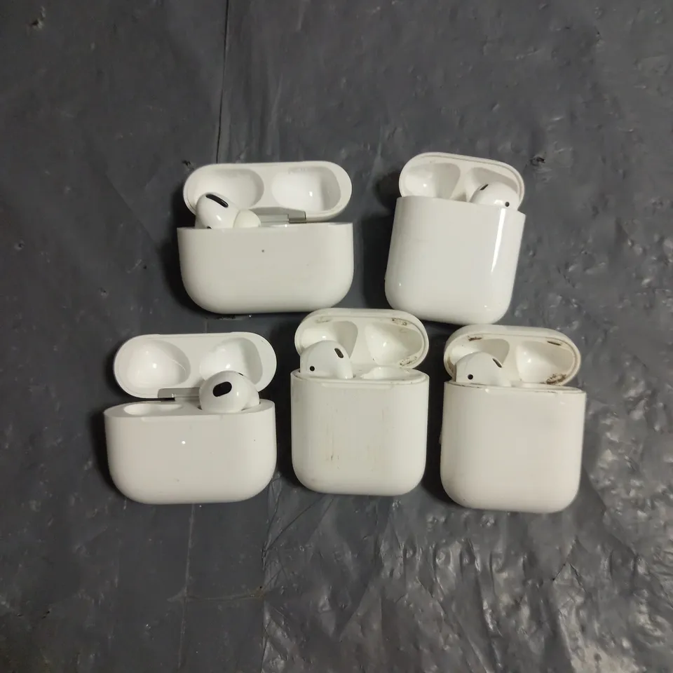 LOT OF 5 ASSORTED APPLE AIRPOD CHARGING CASES + 1 EARBUD TO INCLUDE A1602 1ST GEN, A12897 3RD GEN AND A2190 PRO IN WHITE