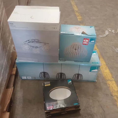 PALLET CONTAINING A VERY LARGE QUANTITY OF ASSORTED DESIGNER LIGHTING PRODUCTS INCLUDING: CECILE CEILING FITTING, FLORESTA LIGHT, EGLO LIGHTS ECT