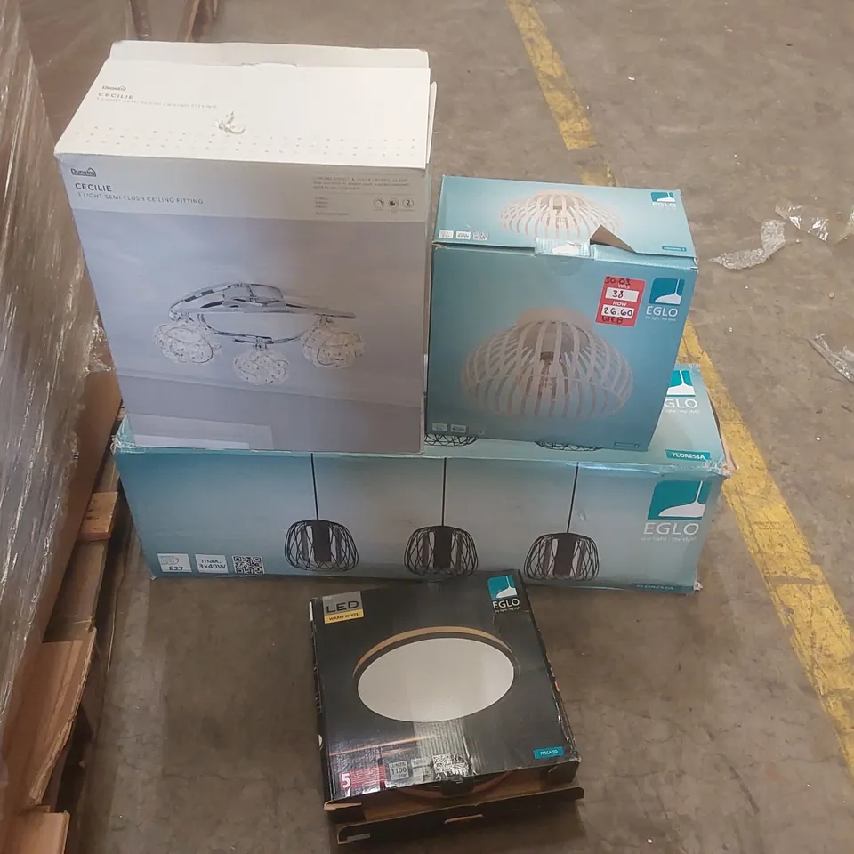 PALLET CONTAINING A VERY LARGE QUANTITY OF ASSORTED DESIGNER LIGHTING PRODUCTS INCLUDING: CECILE CEILING FITTING, FLORESTA LIGHT, EGLO LIGHTS ECT