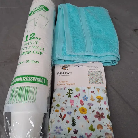 APPROXIMATELY 15 ASSORTED HOUSEHOLD PRODUCTS TO INCLUDE PAPER DRINKS, COTTON NAPKINS AND A TOWEL