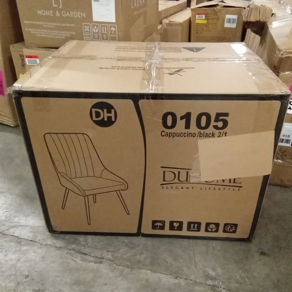 BOXED SET OF 2 DESIGNER VELVET DINING CHAIRS - CAPPUCCINO VELVET/BLACK LEGS (1 BOX)