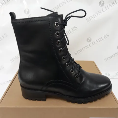 BOXED PAIR OF DUNE LONDON PRESTONE HIKER BOOTS BLACK SIZE 7