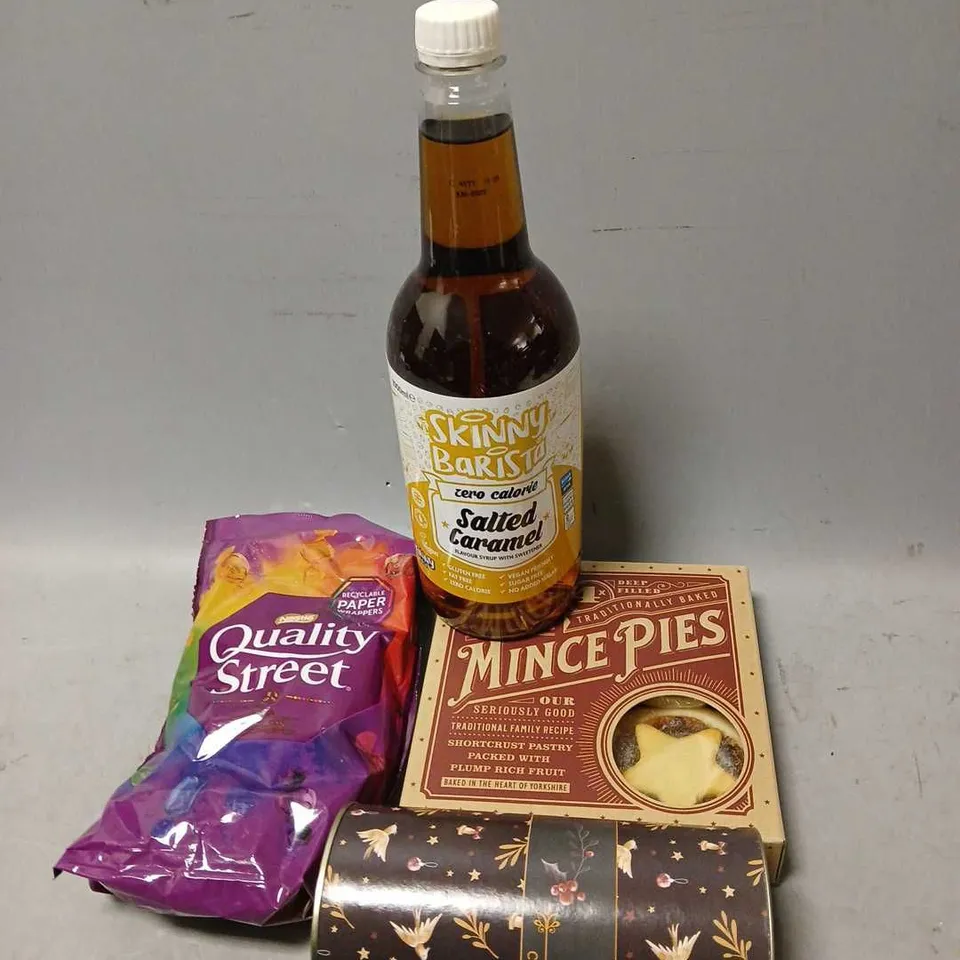 TOTE OF ASSORTED FOOD AND DRINK ITEMS TO INCLUDE MINCE PIES, QUALITY STREET AND SALTED CARAMEL SYRUP