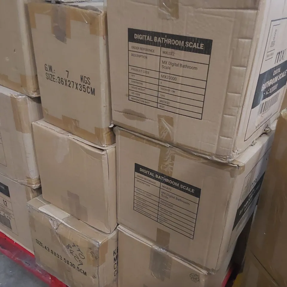PALLET CONTAINING ASSORTED ITEMS INCLUDING: DAMAGED CARYSIL GD150 GRANITE INSETS, MX20000 DIGITAL BATHROOM SCALES ECT  
