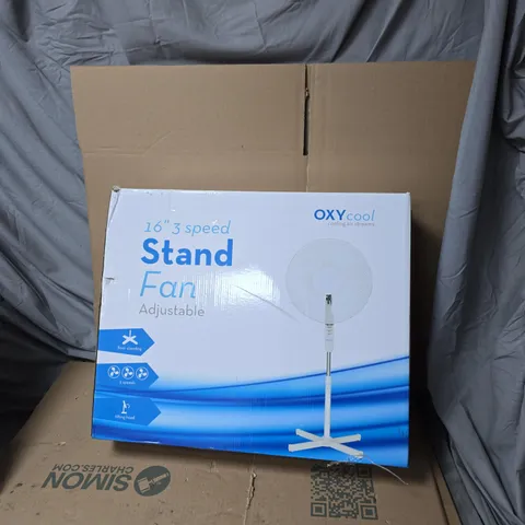 OXYCOOL 16IN STAND FAN – ADJUSTABLE, 3 SPEED (BOXED)