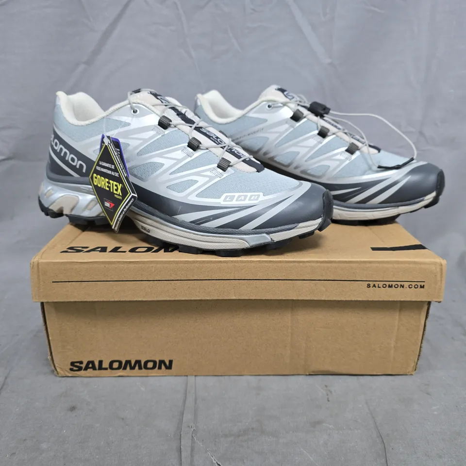 BOXED PAIR OF SALOMON XT-6 FOR DSM TRAINERS IN GREY/SILVER SIZE UK 7.5