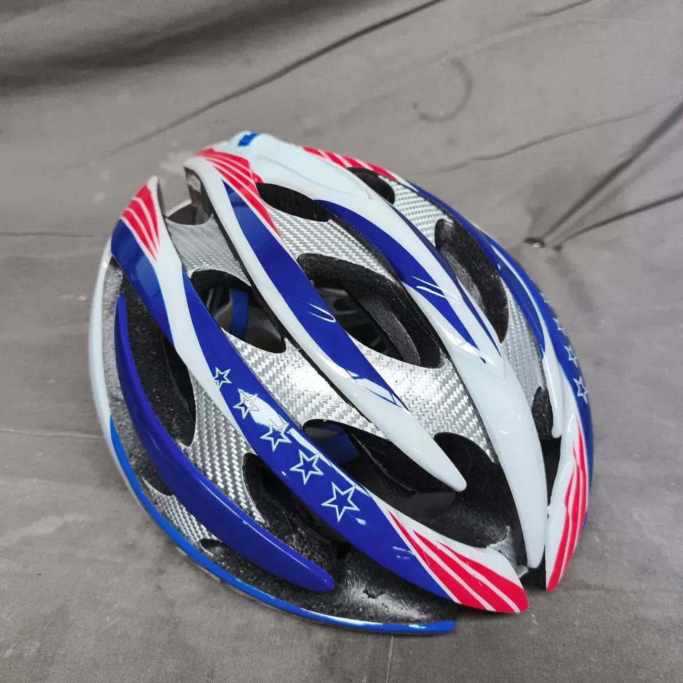 LAZER HELIUM BIKE HELMET – WHITE/BLUE/RED, SIZE M/L 57-60CM