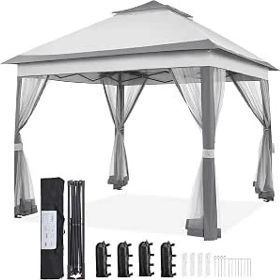 BOXED 11FT (3.3M) CANOPY TENT WITH NETTING - WHITE/LIGHT GREY
