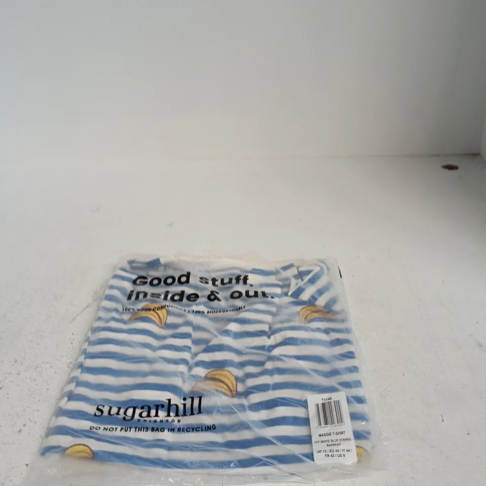 SUGARHILL MAGGIE T-SHIRT – OFF-WHITE & BLUE STRIPES (UK 12)