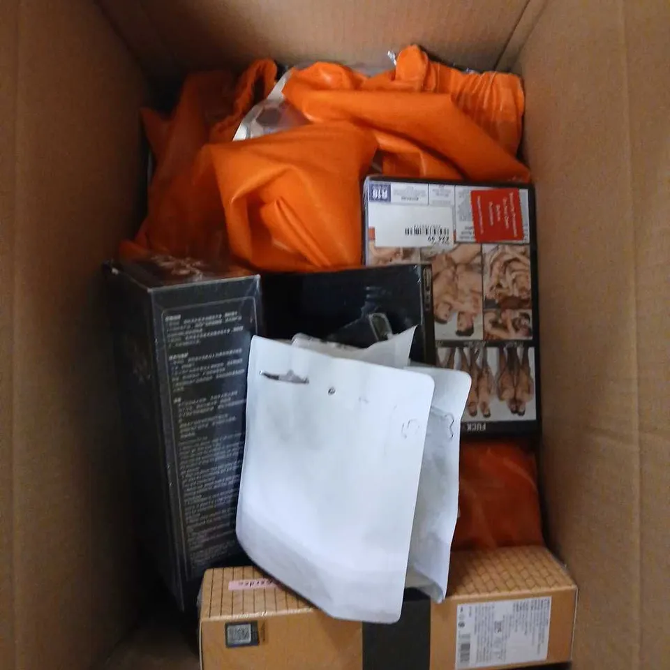 box of approx 10 assorted adult accessories to include dvds. magazines and dildo's