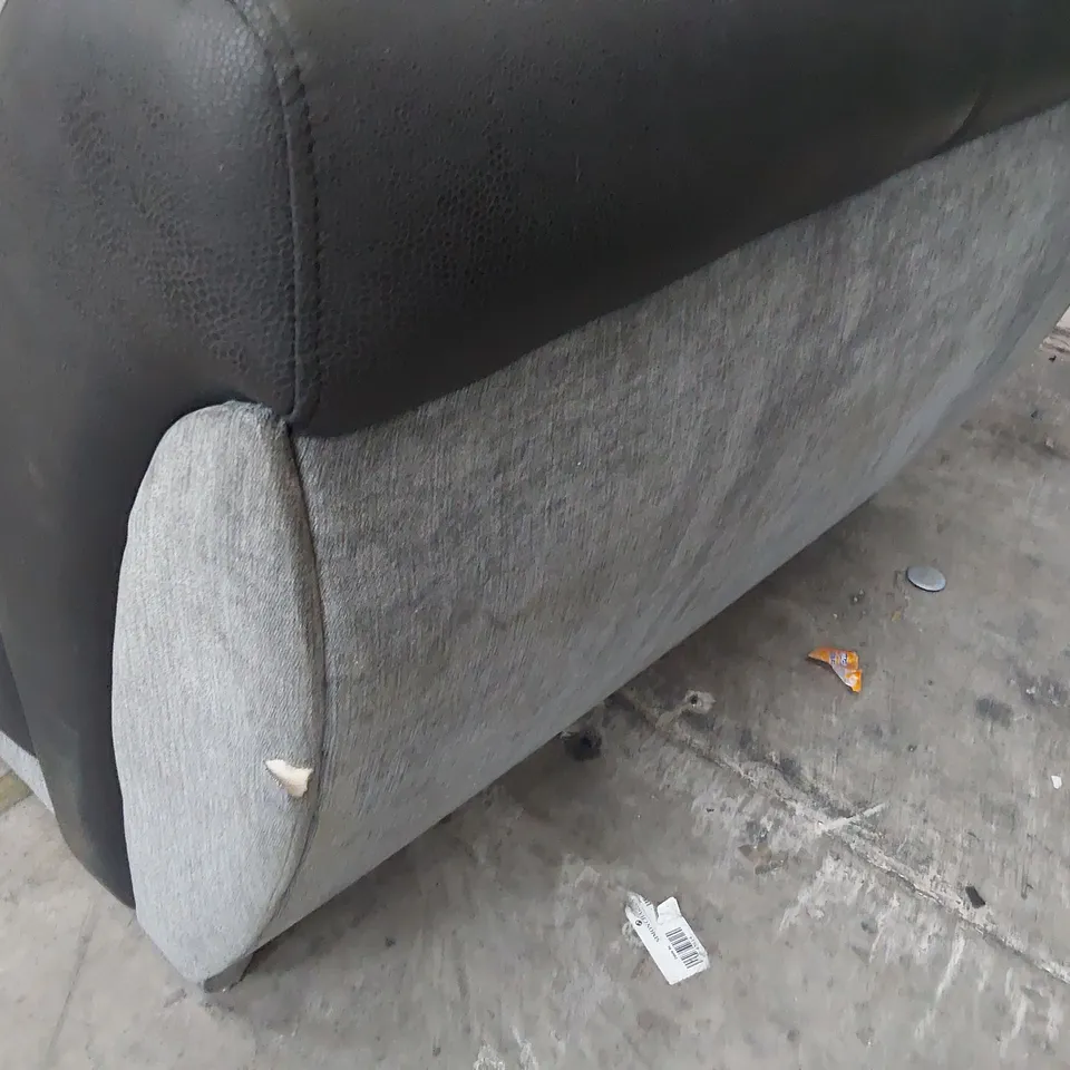 DESIGNER TWO SEATER SOFA BLACK FAUX LEATHER & GREY FABRIC WITH SCATTER CUSHIONS