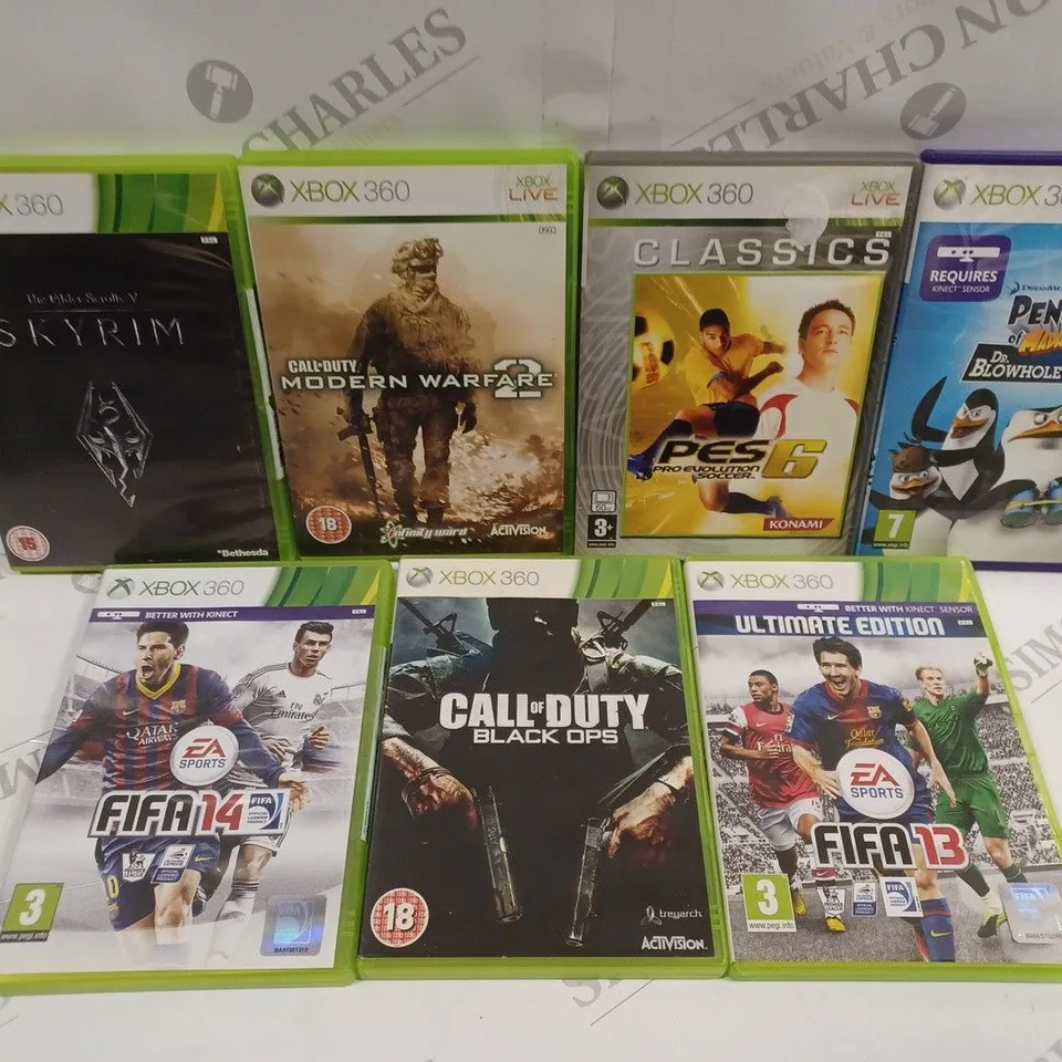 APPROXIMATELY 15 ASSORTED XBOX 360 VIDEO GAMES TO INCLUDE PES 6, SKYRIM, FIFA 14 ETC 