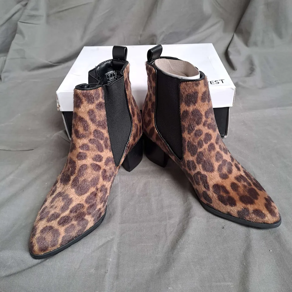 BOXED PAIR OF NINE WEST SYNTHETIC ANKLE BOOTS IN LEOPARD SIZE EU 35