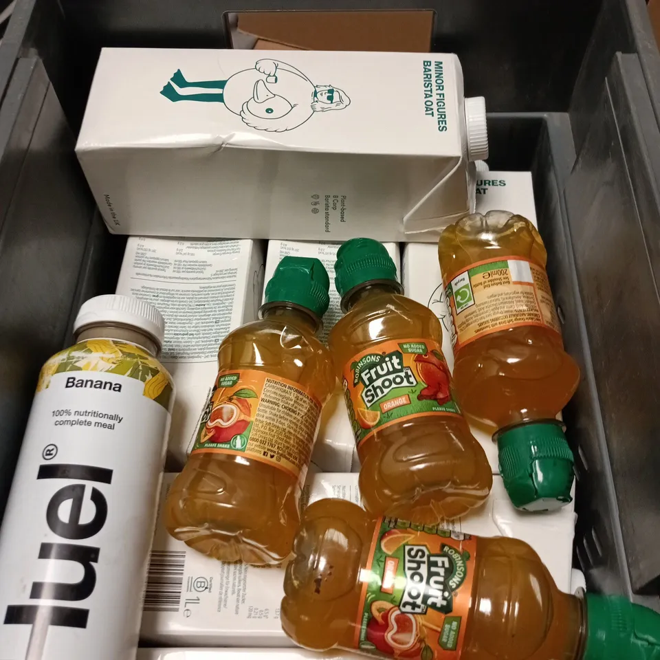 APPROXIMATELY 12 ASSORTED DRINK ITEMS INCLUDING FRUIT SHOOT , HUEL BANANA AND MINOR FIGURES BARISTA OAT 