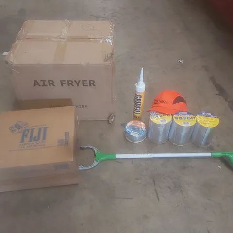 PALLET OF ASSORTED HOUSEHOLD GOODS AND PRODUCTS TO INCLUDE; AIR FRYERS, WATERPROOF TAPE, FIJI WATER, CAMPING CHAIRS, OFFICE CHAIR ETC