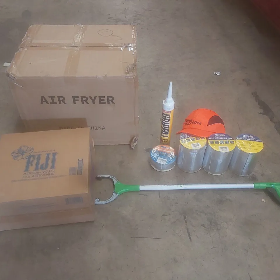 PALLET OF ASSORTED HOUSEHOLD GOODS AND PRODUCTS TO INCLUDE; AIR FRYERS, WATERPROOF TAPE, FIJI WATER, CAMPING CHAIRS, OFFICE CHAIR ETC