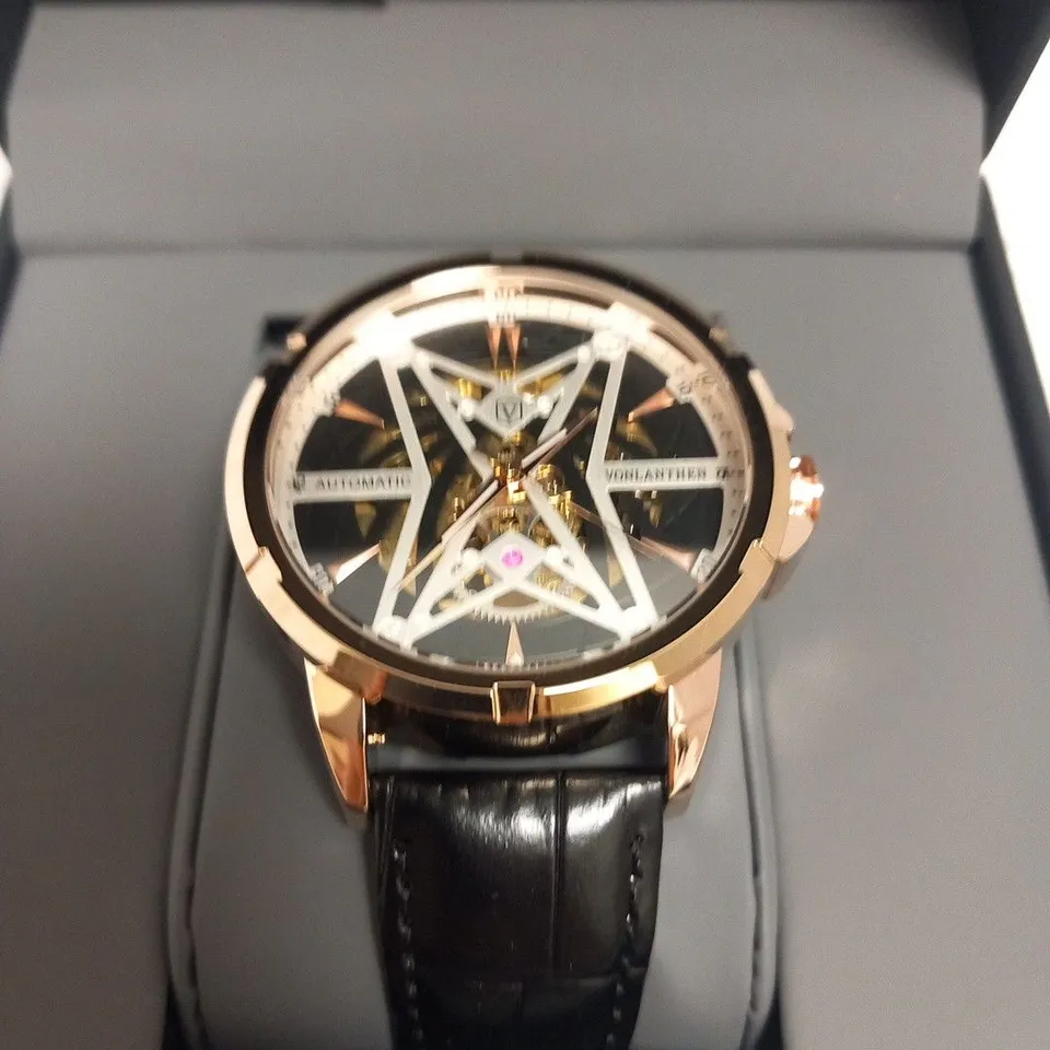 MENS VONLANTHEN AUTOMATIC SKELETON WATCH – V110 - GLASS EXHIBITION BACKCASE – BLACK LEATHER STRAP