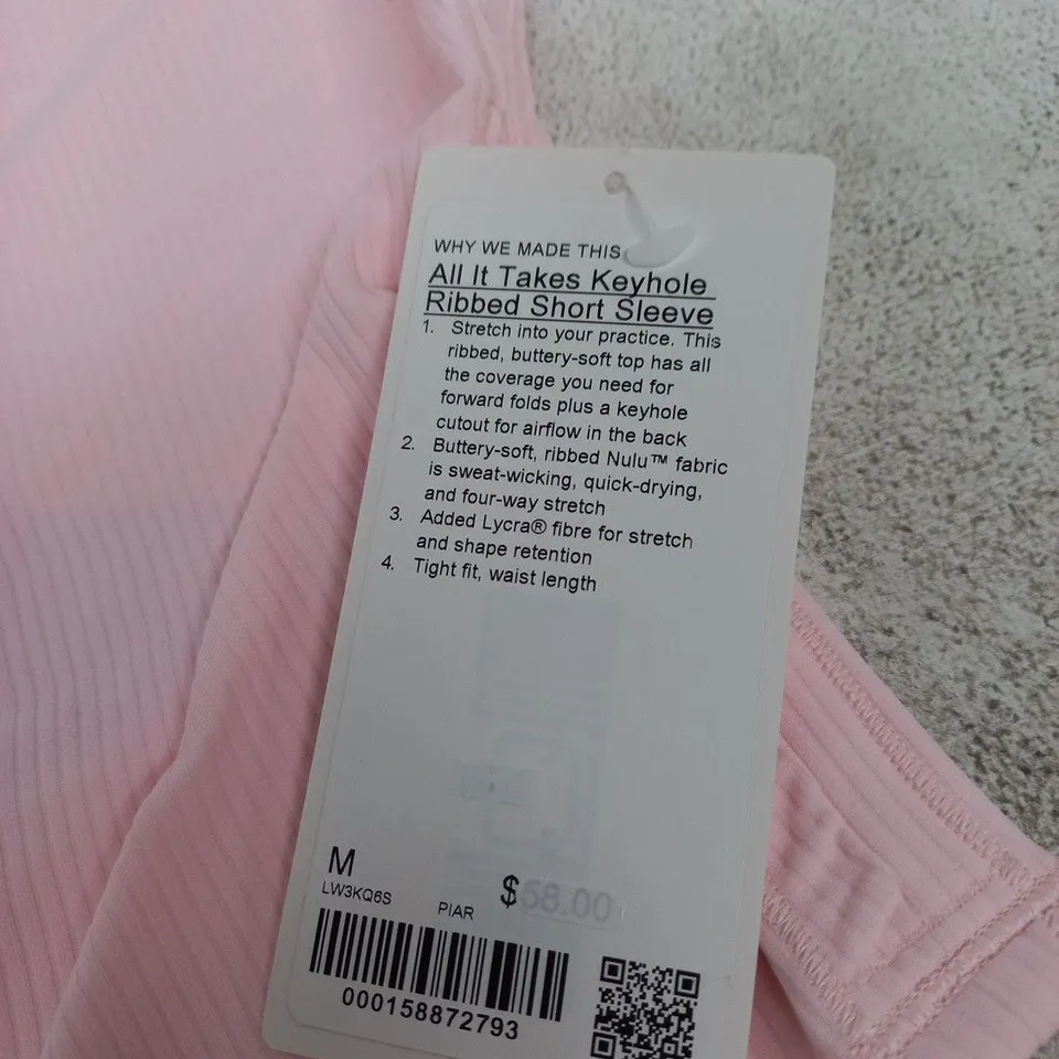 LULULEMON ALL IT TAKES KEYHOLE RIBBED SHORT SLEEVE TOP – PINK (M)