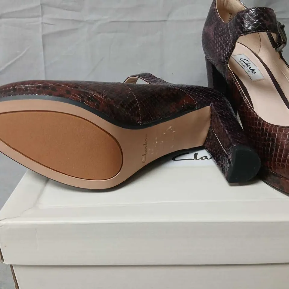 CLARKS KENDRA GABY TAN COMB SNAKESKIN MARY JANE HEEL – UK 5 / EU 38 (WIDTH W)