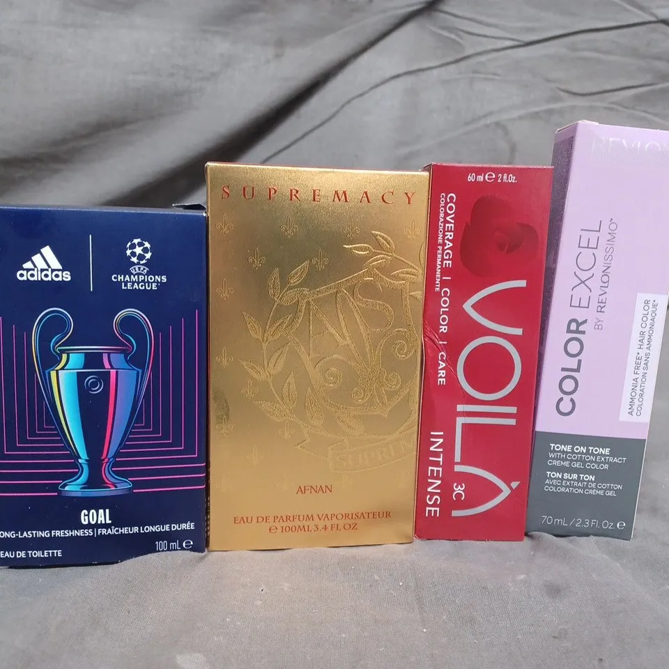 BOX OF APPROXIMATELY 20 ASSORTED HEALTH & BEAUTY ITEMS TO INCLUDE - SUPREMACY AFNAN , ADIDAS GOAL , REVLON COLOR EXCEL TONE ON TONE ETC