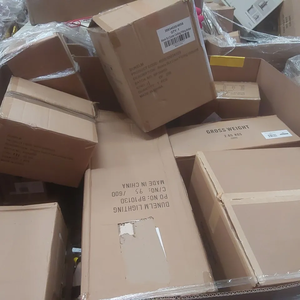 PALLET CONTAINING A VERY LARGE QUANTITY OF ASSORTED DESIGNER LIGHTING PRODUCTS TO INCLUDE: FLOOR LAMP, TABLE LAMP, CEILING LIGHT ECT