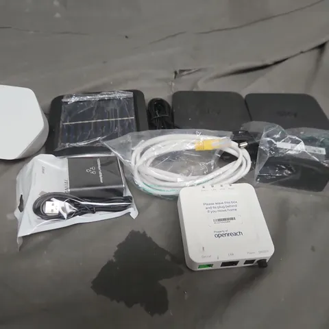 APPROXIMATELY 15 ASSORTED HOUSEHOLD ITEMS TO INCLUDE 1X2 SPLITTER, SKY BOXES, CABLES, ETC