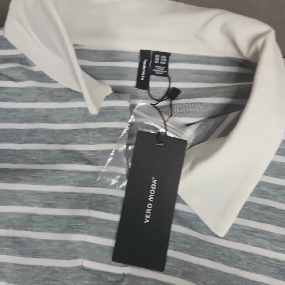 VERO MODA LONG SLEEVE STRIPED POLO TEE IN WHITE/GREY - XXL