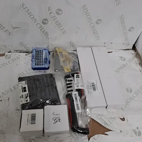 TOTE OF ASSORTED HOUSEHOLD ITEMS TOO INCLUDE TAPE MEASURES , BRUSHES , BITS SET , ETC