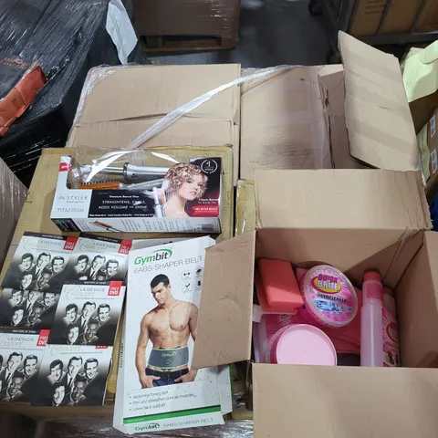 5 BOXES OF A LARGE NUMBER OF ASSORTED ITEMS TO INCLUDE QUICK N BRITE CLEANING SET, GAMBIT 6ABS SHAPER BELT AND LEGENDS IN CONCERT MUSIC CD